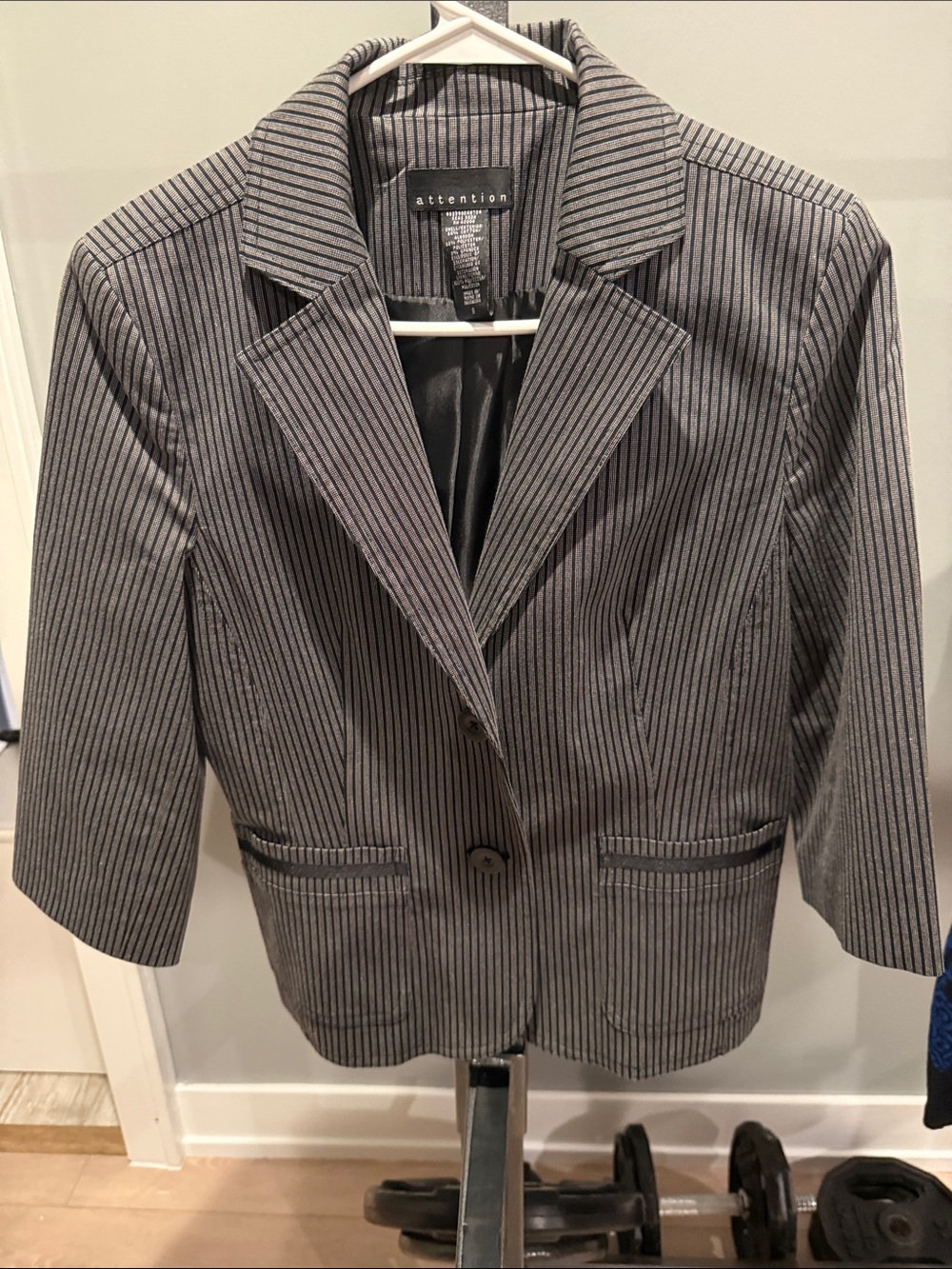attention Women's Pinstriped Tailored Blazer in Gray